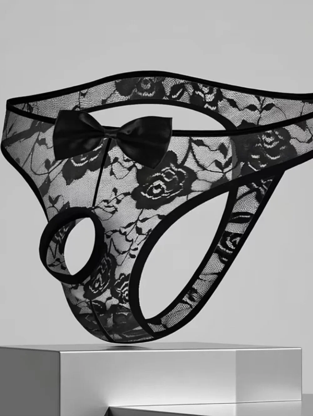 Sheer Black Lace Cutout Bikini Brief Thong with Bow -J